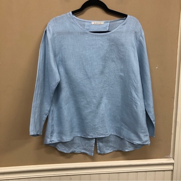 Sea Glass Lane Blue Linen Split Back Blouse Size M - Picture 1 of 6